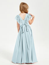 Chiffon Junior Bridesmaid Dresses with Lace Flutter Sleeves Mist