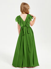 Chiffon Junior Bridesmaid Dresses with Lace Flutter Sleeves Moss