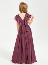 Chiffon Junior Bridesmaid Dresses with Lace Flutter Sleeves Mulberry