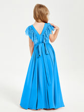 Chiffon Junior Bridesmaid Dresses with Lace Flutter Sleeves Ocean Blue