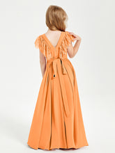 Chiffon Junior Bridesmaid Dresses with Lace Flutter Sleeves Orange