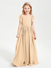 Chiffon Junior Bridesmaid Dresses with Lace Flutter Sleeves Peach