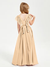 Chiffon Junior Bridesmaid Dresses with Lace Flutter Sleeves Peach