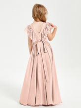 Chiffon Junior Bridesmaid Dresses with Lace Flutter Sleeves Pearl Pink