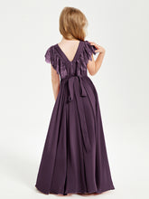 Chiffon Junior Bridesmaid Dresses with Lace Flutter Sleeves Plum