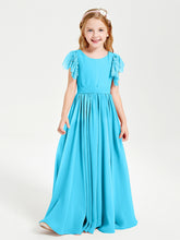 Chiffon Junior Bridesmaid Dresses with Lace Flutter Sleeves Pool