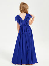 Chiffon Junior Bridesmaid Dresses with Lace Flutter Sleeves Royal Blue