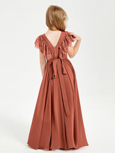 Chiffon Junior Bridesmaid Dresses with Lace Flutter Sleeves Rust