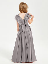Chiffon Junior Bridesmaid Dresses with Lace Flutter Sleeves Silver