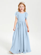 Chiffon Junior Bridesmaid Dresses with Lace Flutter Sleeves Sky Blue