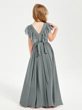 Chiffon Junior Bridesmaid Dresses with Lace Flutter Sleeves Steel Grey