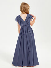Chiffon Junior Bridesmaid Dresses with Lace Flutter Sleeves Stormy