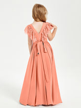 Chiffon Junior Bridesmaid Dresses with Lace Flutter Sleeves Sunset