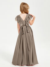 Chiffon Junior Bridesmaid Dresses with Lace Flutter Sleeves Taupe