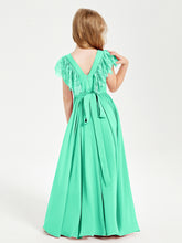 Chiffon Junior Bridesmaid Dresses with Lace Flutter Sleeves Turquoise