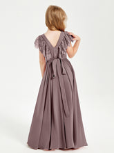Chiffon Junior Bridesmaid Dresses with Lace Flutter Sleeves Vintage Mauve