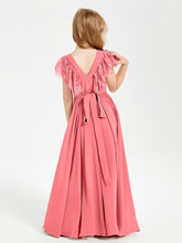 Chiffon Junior Bridesmaid Dresses with Lace Flutter Sleeves Watermelon