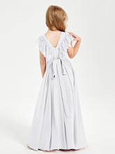 Chiffon Junior Bridesmaid Dresses with Lace Flutter Sleeves White