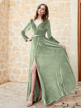 Plunging V-Neck Long Sleeve Velvet Dress Dusty Sage