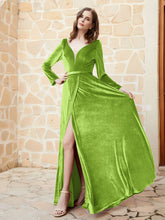 Plunging V-Neck Long Sleeve Velvet Dress Lime Green