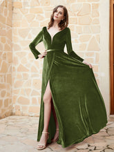 Plunging V-Neck Long Sleeve Velvet Dress Olive Green