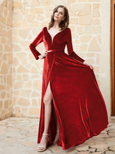 Plunging V-Neck Long Sleeve Velvet Dress Red