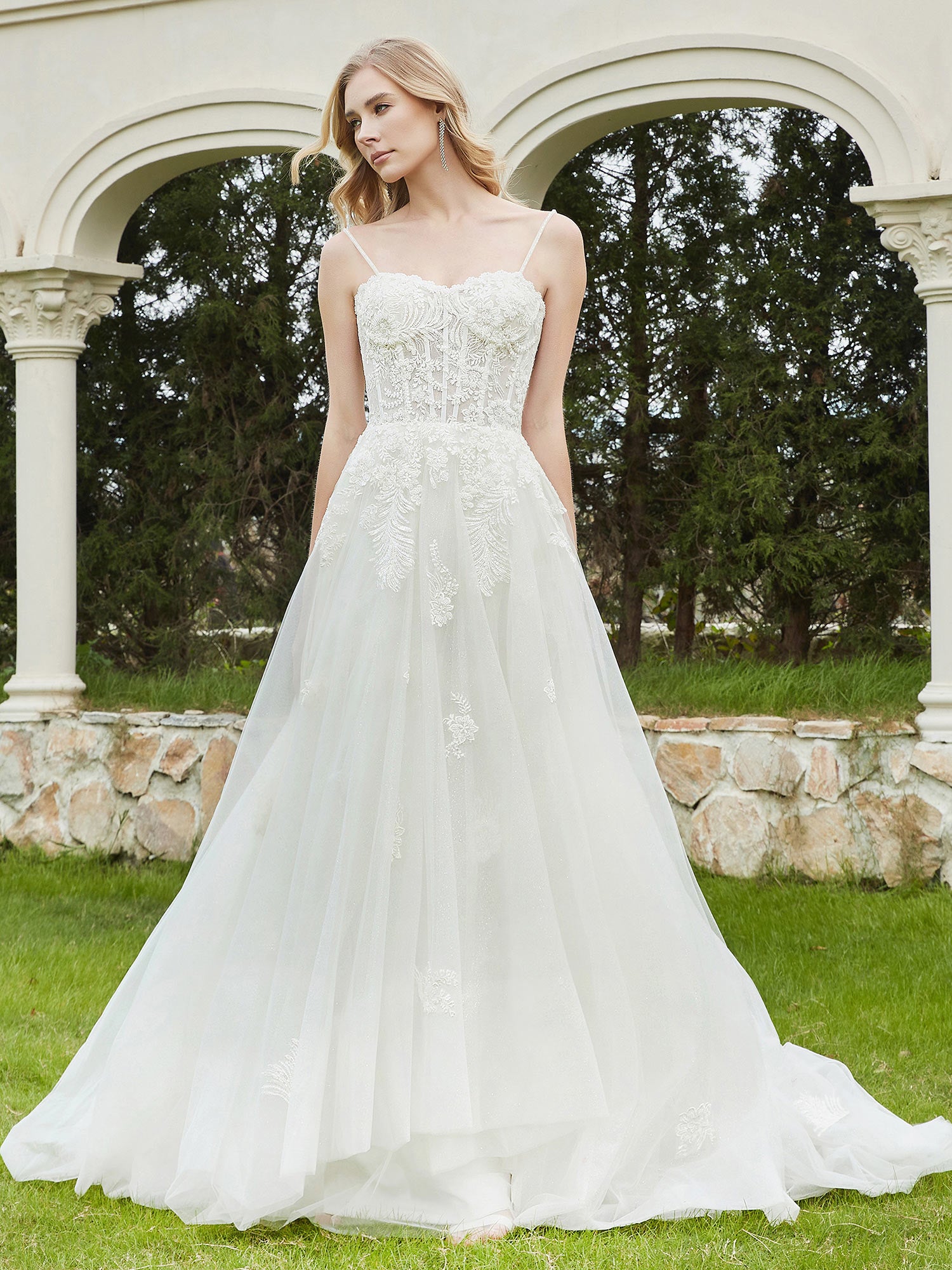 Spaghetti Straps Lace Sweep Train Wedding Dress Ivory | BABARONI – BABARONI  UK