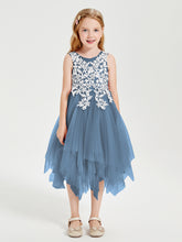 Tea Length Tulle Junior Bridesmaid Dresses Slate Blue