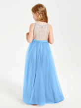 Sequined Top Long Tulle Junior Bridesmaid Gown Blue