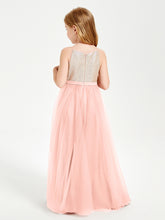 Sequined Top Long Tulle Junior Bridesmaid Gown Coral