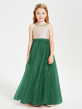 Sequined Top Long Tulle Junior Bridesmaid Gown Dark Green