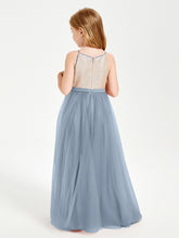 Sequined Top Long Tulle Junior Bridesmaid Gown Dusty Blue
