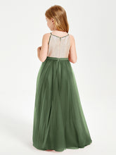 Sequined Top Long Tulle Junior Bridesmaid Gown Olive Green