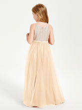 Sequined Top Long Tulle Junior Bridesmaid Gown Peach