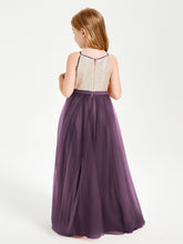 Sequined Top Long Tulle Junior Bridesmaid Gown Plum