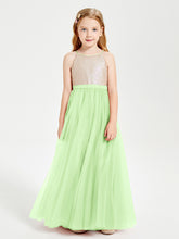 Sequined Top Long Tulle Junior Bridesmaid Gown Sage