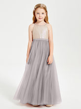 Sequined Top Long Tulle Junior Bridesmaid Gown Silver