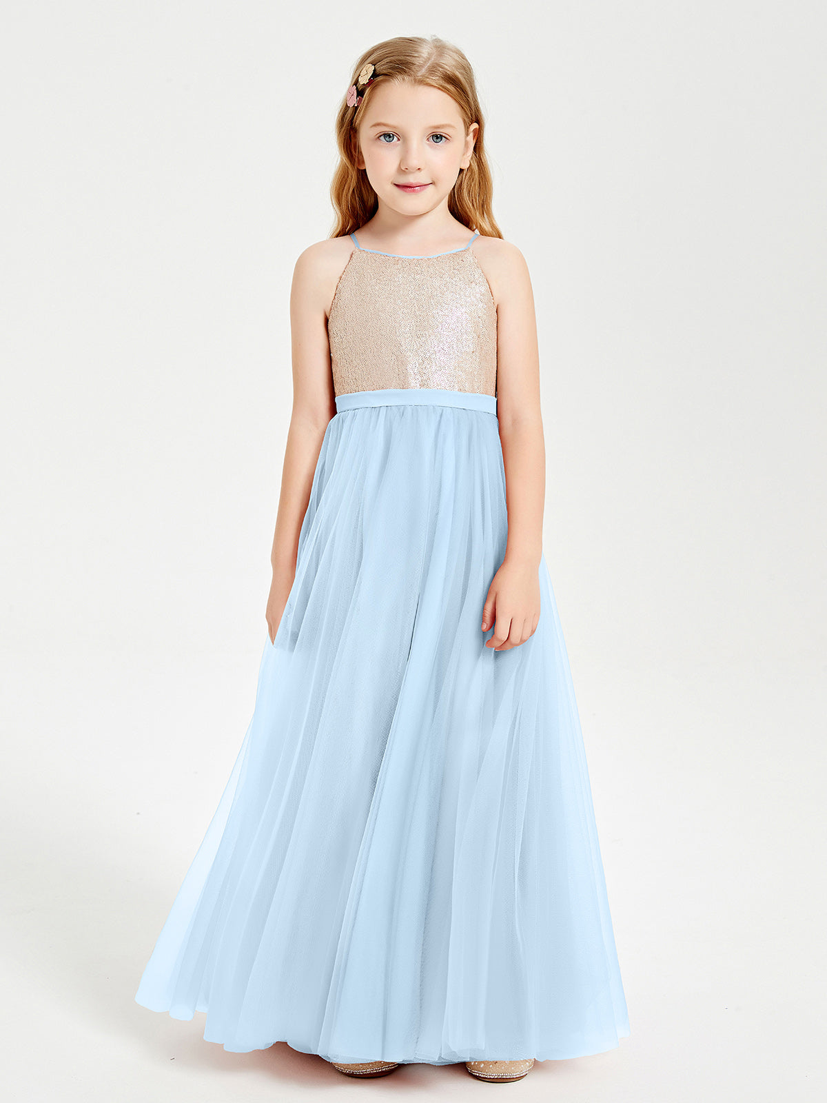 Light blue outlet tulle bridesmaid dress