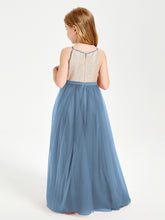 Sequined Top Long Tulle Junior Bridesmaid Gown Slate Blue