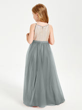 Sequined Top Long Tulle Junior Bridesmaid Gown Steel Grey