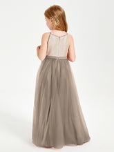 Sequined Top Long Tulle Junior Bridesmaid Gown Taupe