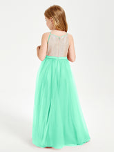 Sequined Top Long Tulle Junior Bridesmaid Gown Turquoise