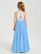 Lace Top Long Chiffon Bridesmaid Dresses Blue