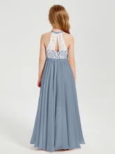 Lace Top Long Chiffon Bridesmaid Dresses Dusty Blue