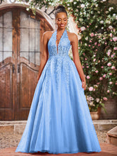 Deep V-neck Appliqued Corset Tulle Lace Maxi Prom Dresses Blue