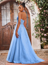 Deep V-neck Appliqued Corset Tulle Lace Maxi Prom Dresses Blue