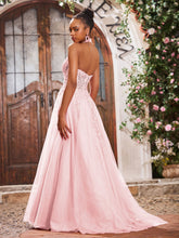 Deep V-neck Appliqued Corset Tulle Lace Maxi Prom Dresses Blushing Pink