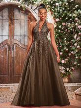 Deep V-neck Appliqued Corset Tulle Lace Maxi Prom Dresses Brown