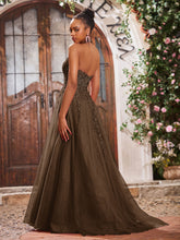 Deep V-neck Appliqued Corset Tulle Lace Maxi Prom Dresses Brown