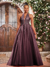 Deep V-neck Appliqued Corset Tulle Lace Maxi Prom Dresses Cabernet